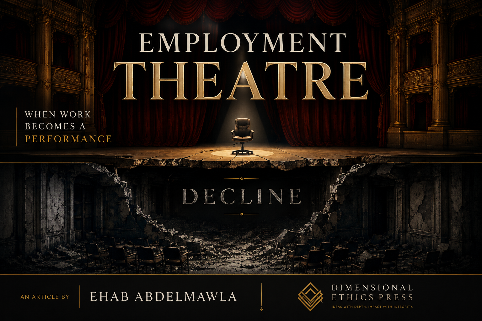 Employment Theatre — an empty office chair spotlit on a grand theatre stage above a ruined auditorium